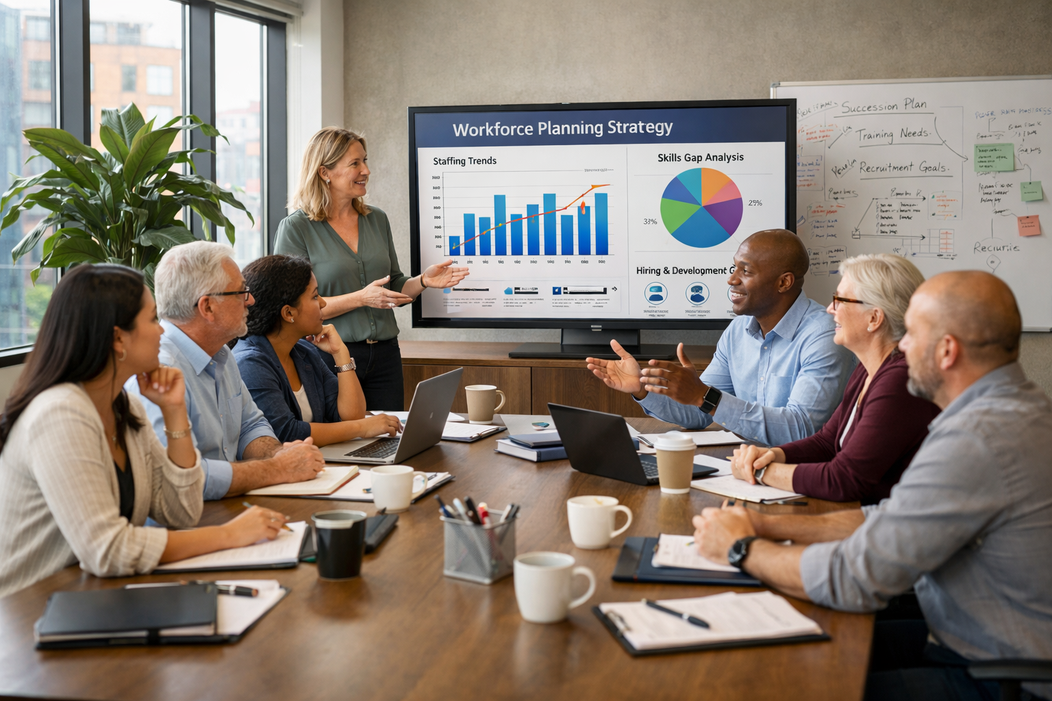 Equipo profesional analizando datos de estrategia SEO en oficina